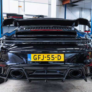 Rear of a Porsche 992 Turbo S with ESMotor Carbon rear diffuser